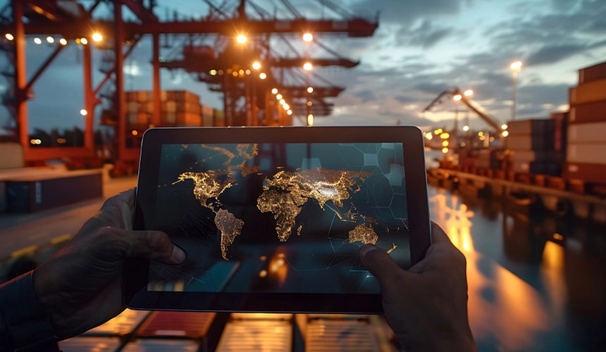 Freight forwarder coordinating international cargo shipping across sea, air, and land transportation modes